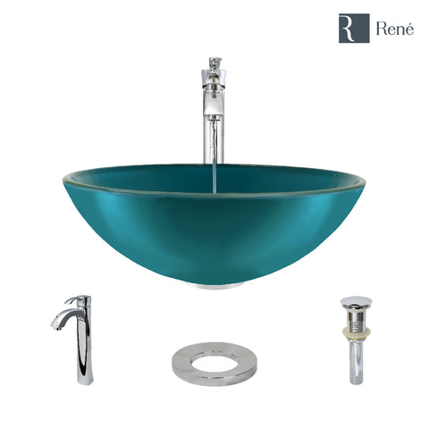 Rene 17" Round Glass Bathroom Sink, Cerulean, with Faucet, R5-5001-CER-R9-7006-C