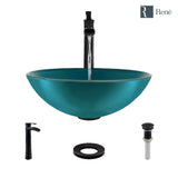 Rene 17" Round Glass Bathroom Sink, Cerulean, with Faucet, R5-5001-CER-R9-7007-ABR