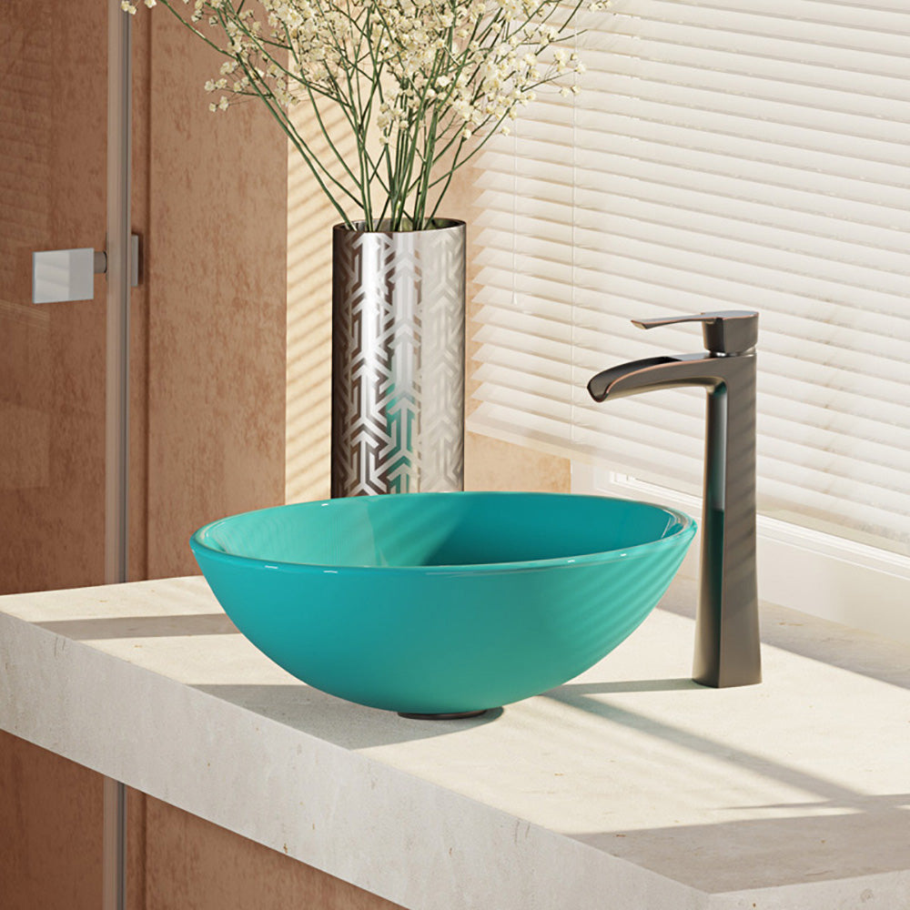 Rene 17" Round Glass Bathroom Sink, Cerulean, with Faucet, R5-5001-CER-R9-7007-ABR - The Sink Boutique