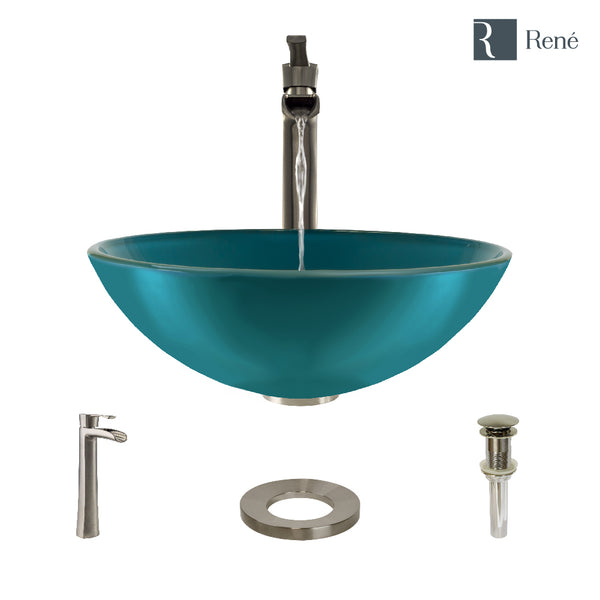 Rene 17" Round Glass Bathroom Sink, Cerulean, with Faucet, R5-5001-CER-R9-7007-BN
