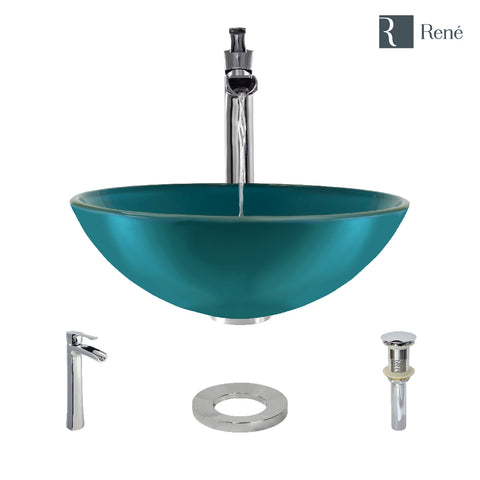 Rene 17" Round Glass Bathroom Sink, Cerulean, with Faucet, R5-5001-CER-R9-7007-C