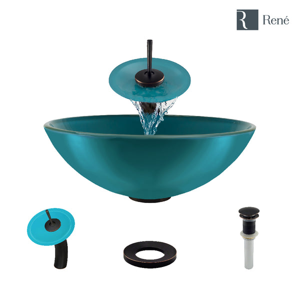 Rene 17" Round Glass Bathroom Sink, Cerulean, with Faucet, R5-5001-CER-WF-ABR