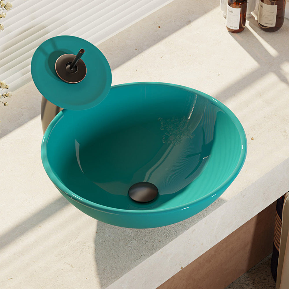 Rene 17" Round Glass Bathroom Sink, Cerulean, with Faucet, R5-5001-CER-WF-ABR - The Sink Boutique