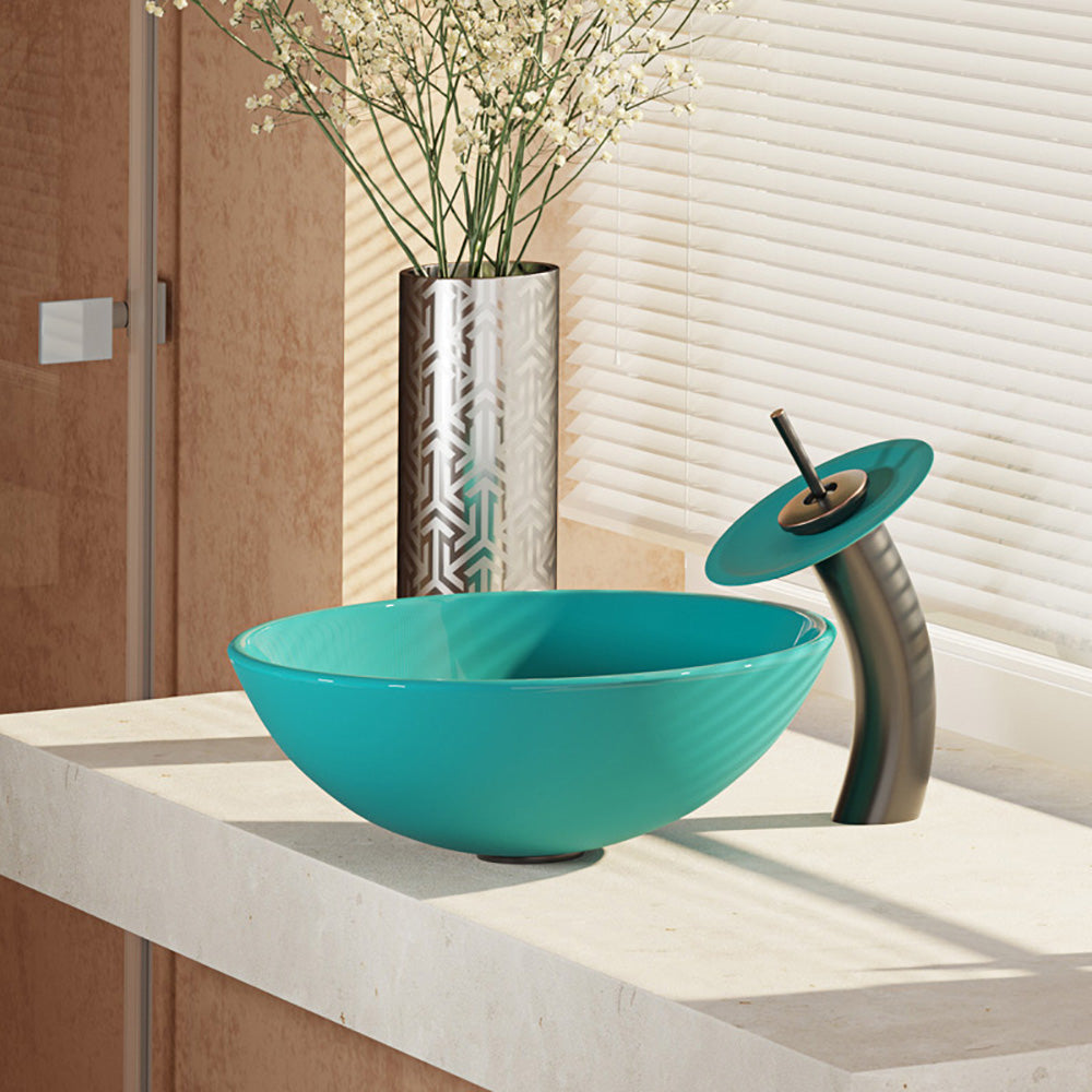Rene 17" Round Glass Bathroom Sink, Cerulean, with Faucet, R5-5001-CER-WF-ABR - The Sink Boutique