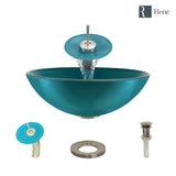Rene 17" Round Glass Bathroom Sink, Cerulean, with Faucet, R5-5001-CER-WF-BN