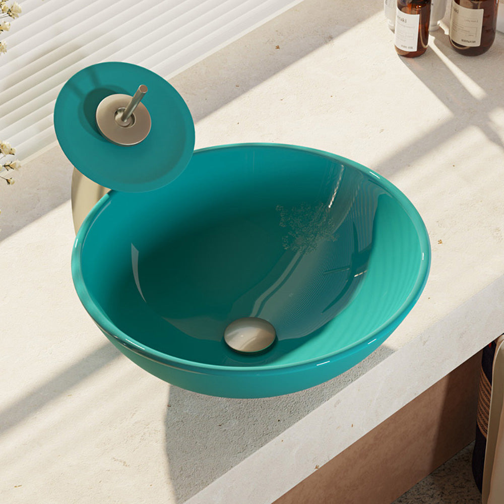 Rene 17" Round Glass Bathroom Sink, Cerulean, with Faucet, R5-5001-CER-WF-BN - The Sink Boutique