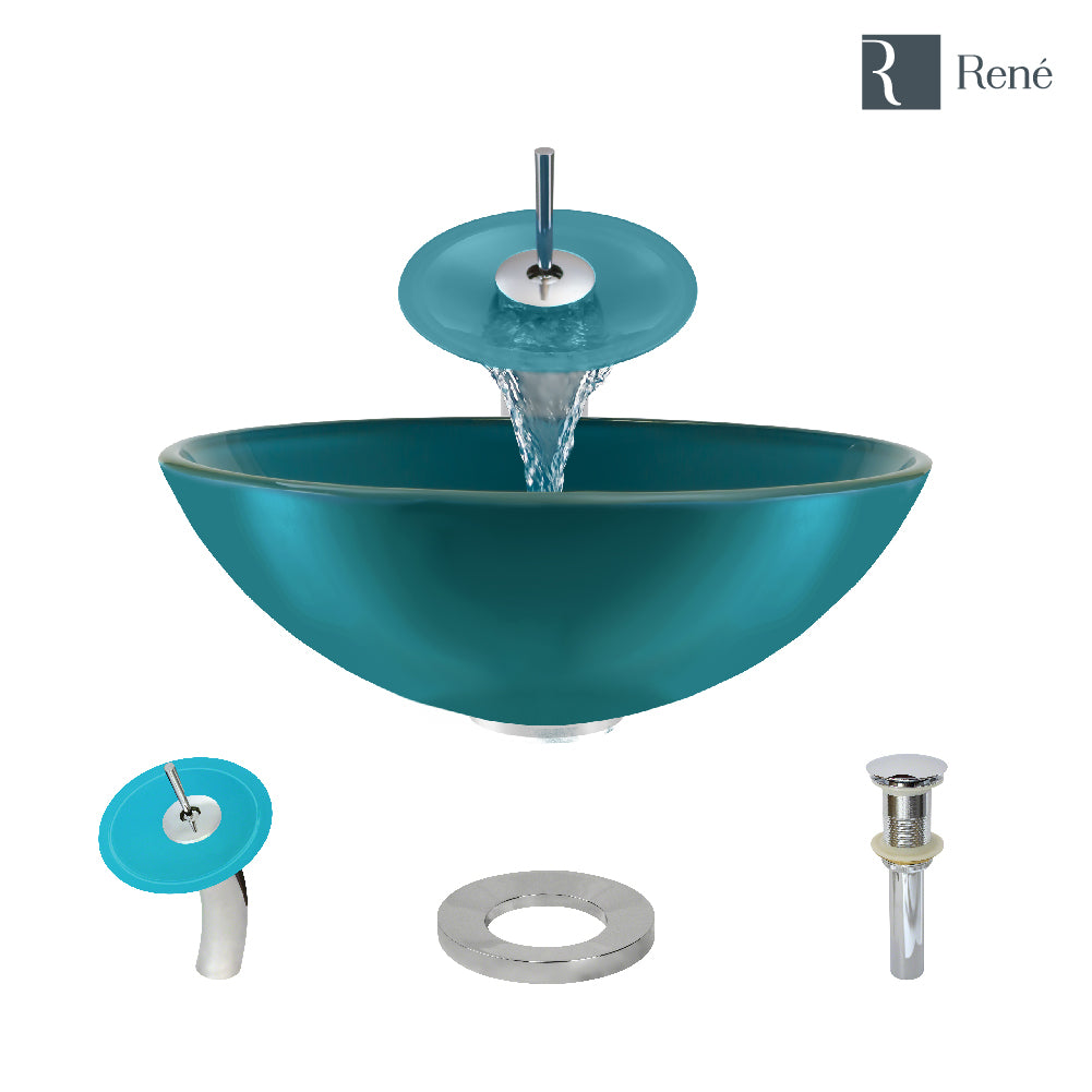 Rene 17" Round Glass Bathroom Sink, Cerulean, with Faucet, R5-5001-CER-WF-C