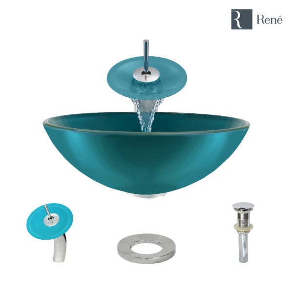 Rene 17" Round Glass Bathroom Sink, Cerulean, with Faucet, R5-5001-CER-WF-C