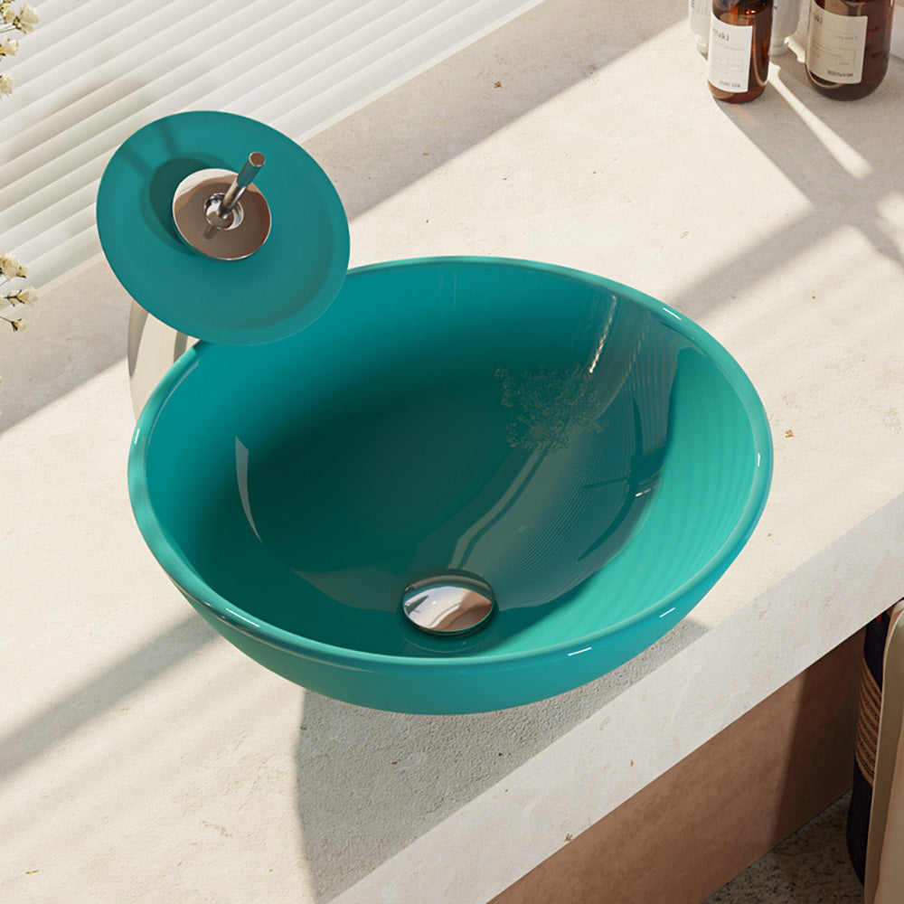 Rene 17" Round Glass Bathroom Sink, Cerulean, with Faucet, R5-5001-CER-WF-C - The Sink Boutique