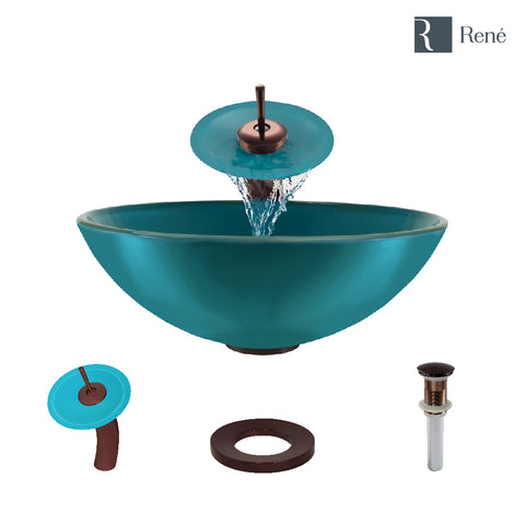 Rene 17" Round Glass Bathroom Sink, Cerulean, with Faucet, R5-5001-CER-WF-ORB