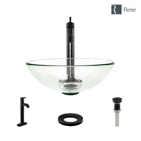 Rene 17" Round Glass Bathroom Sink, Crystal, with Faucet, R5-5001-CRY-R9-7001-ABR