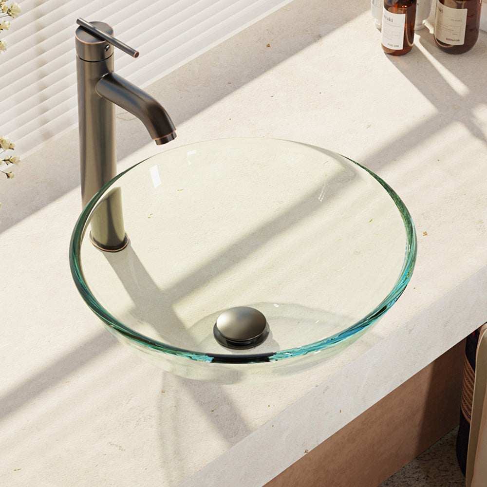Rene 17" Round Glass Bathroom Sink, Crystal, with Faucet, R5-5001-CRY-R9-7001-ABR - The Sink Boutique