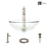 Rene 17" Round Glass Bathroom Sink, Crystal, with Faucet, R5-5001-CRY-R9-7001-BN