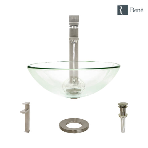 Rene 17" Round Glass Bathroom Sink, Crystal, with Faucet, R5-5001-CRY-R9-7003-BN