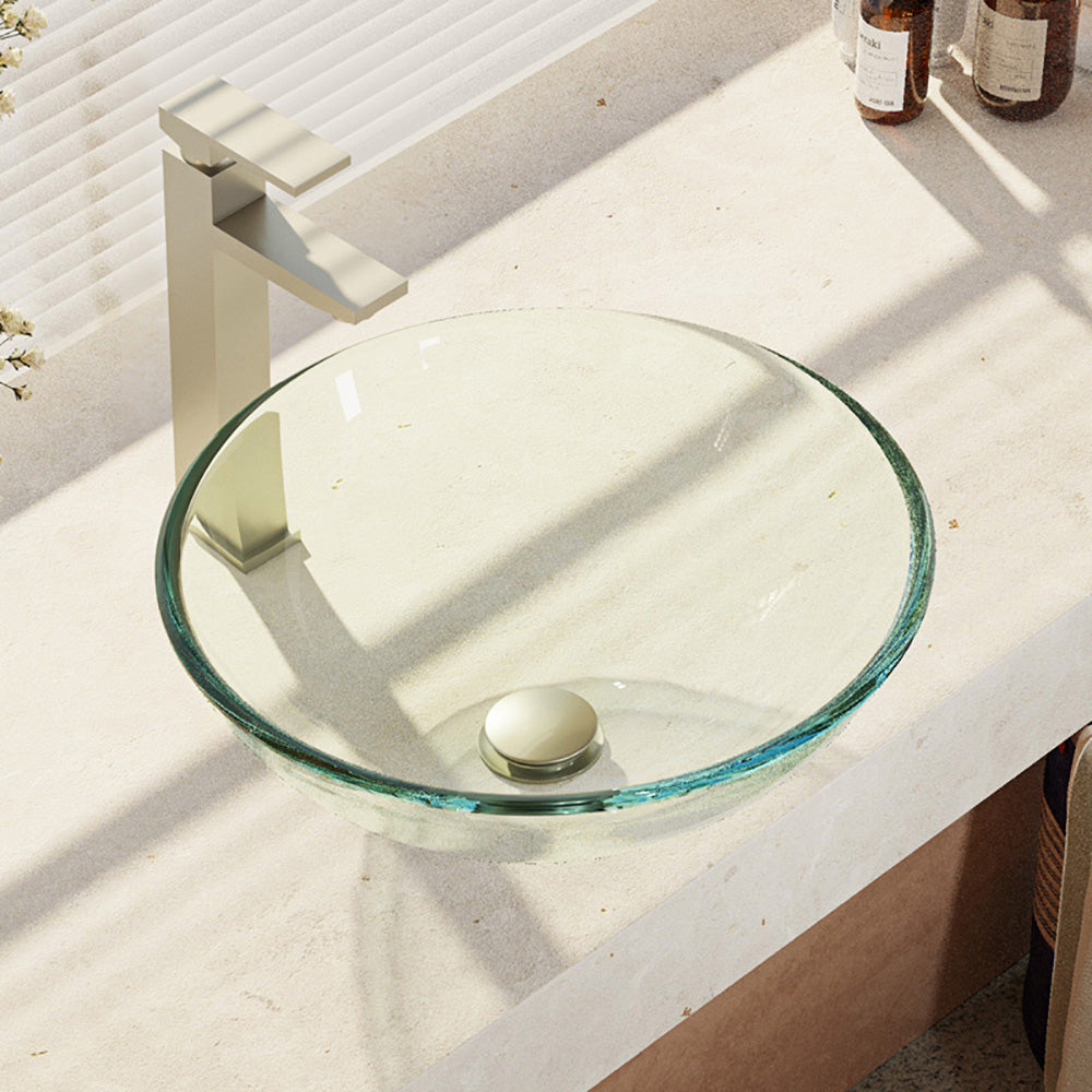 Rene 17" Round Glass Bathroom Sink, Crystal, with Faucet, R5-5001-CRY-R9-7003-BN - The Sink Boutique
