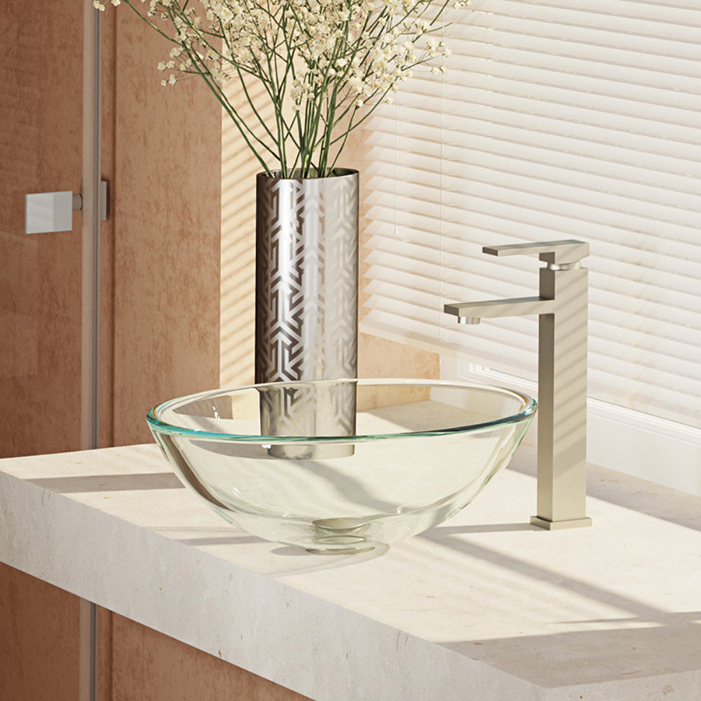 Rene 17" Round Glass Bathroom Sink, Crystal, with Faucet, R5-5001-CRY-R9-7003-BN - The Sink Boutique