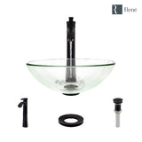 Rene 17" Round Glass Bathroom Sink, Crystal, with Faucet, R5-5001-CRY-R9-7006-ABR