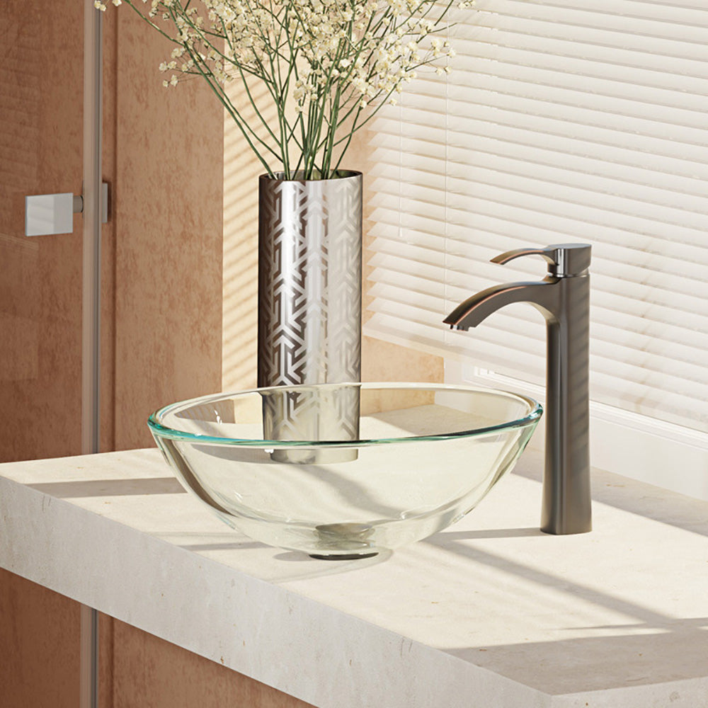 Rene 17" Round Glass Bathroom Sink, Crystal, with Faucet, R5-5001-CRY-R9-7006-ABR - The Sink Boutique