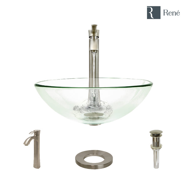Rene 17" Round Glass Bathroom Sink, Crystal, with Faucet, R5-5001-CRY-R9-7006-BN