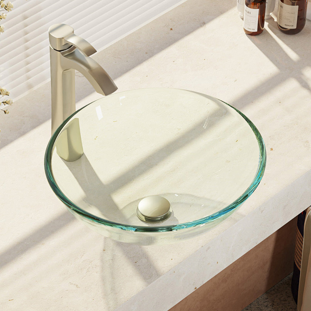 Rene 17" Round Glass Bathroom Sink, Crystal, with Faucet, R5-5001-CRY-R9-7006-BN - The Sink Boutique