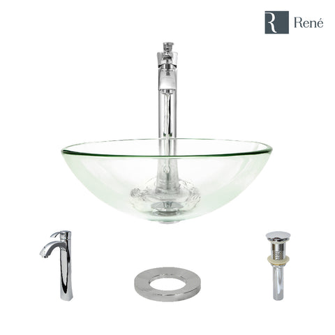 Rene 17" Round Glass Bathroom Sink, Crystal, with Faucet, R5-5001-CRY-R9-7006-C