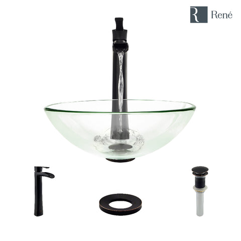 Rene 17" Round Glass Bathroom Sink, Crystal, with Faucet, R5-5001-CRY-R9-7007-ABR