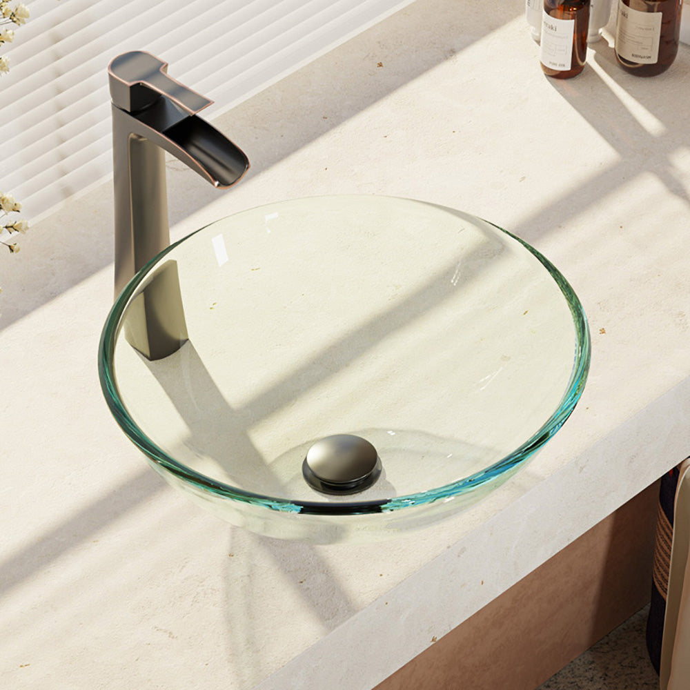 Rene 17" Round Glass Bathroom Sink, Crystal, with Faucet, R5-5001-CRY-R9-7007-ABR - The Sink Boutique