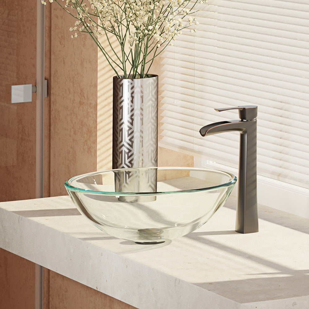 Rene 17" Round Glass Bathroom Sink, Crystal, with Faucet, R5-5001-CRY-R9-7007-ABR - The Sink Boutique
