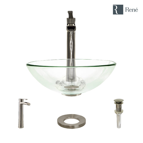 Rene 17" Round Glass Bathroom Sink, Crystal, with Faucet, R5-5001-CRY-R9-7007-BN