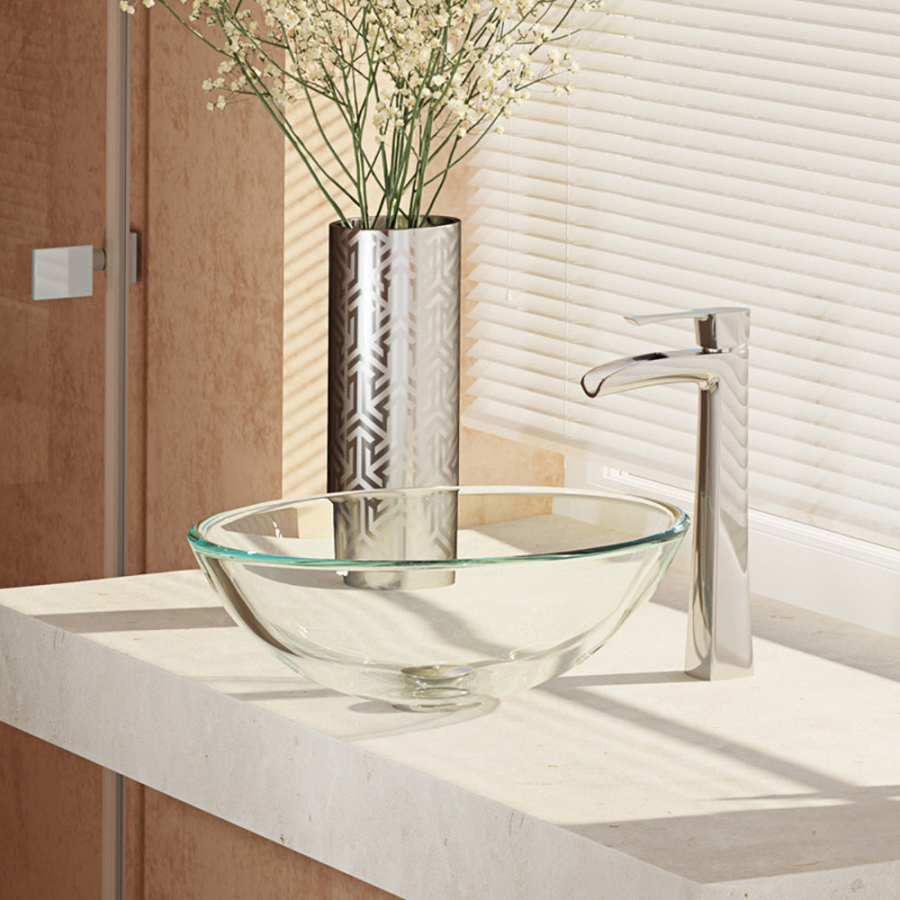 Rene 17" Round Glass Bathroom Sink, Crystal, with Faucet, R5-5001-CRY-R9-7007-C - The Sink Boutique