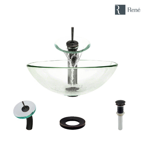 Rene 17" Round Glass Bathroom Sink, Crystal, with Faucet, R5-5001-CRY-WF-ABR