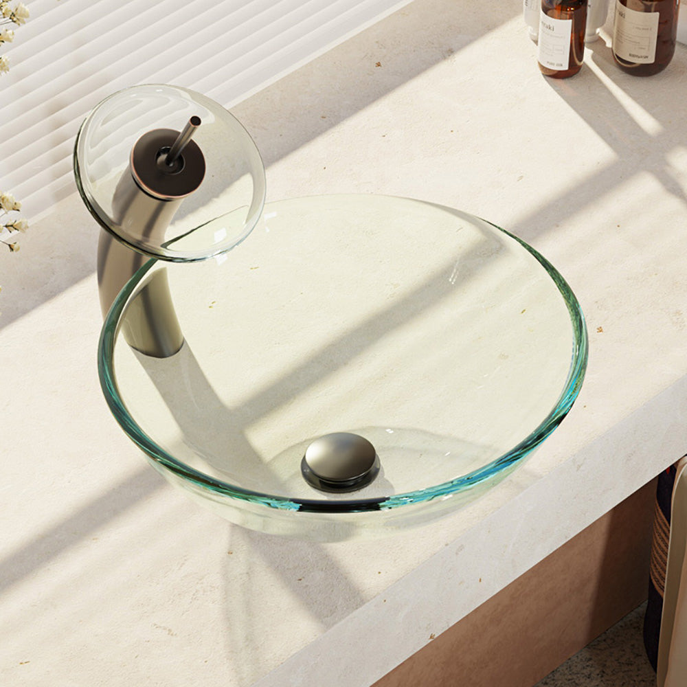 Rene 17" Round Glass Bathroom Sink, Crystal, with Faucet, R5-5001-CRY-WF-ABR - The Sink Boutique