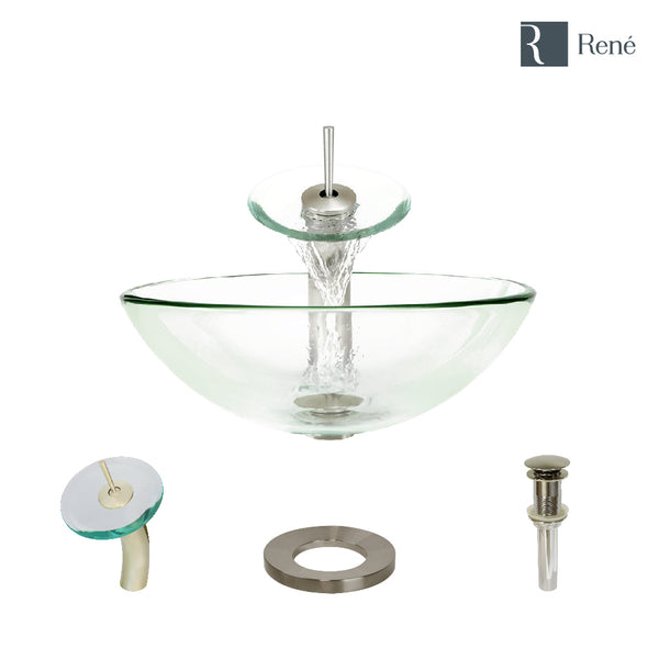 Rene 17" Round Glass Bathroom Sink, Crystal, with Faucet, R5-5001-CRY-WF-BN