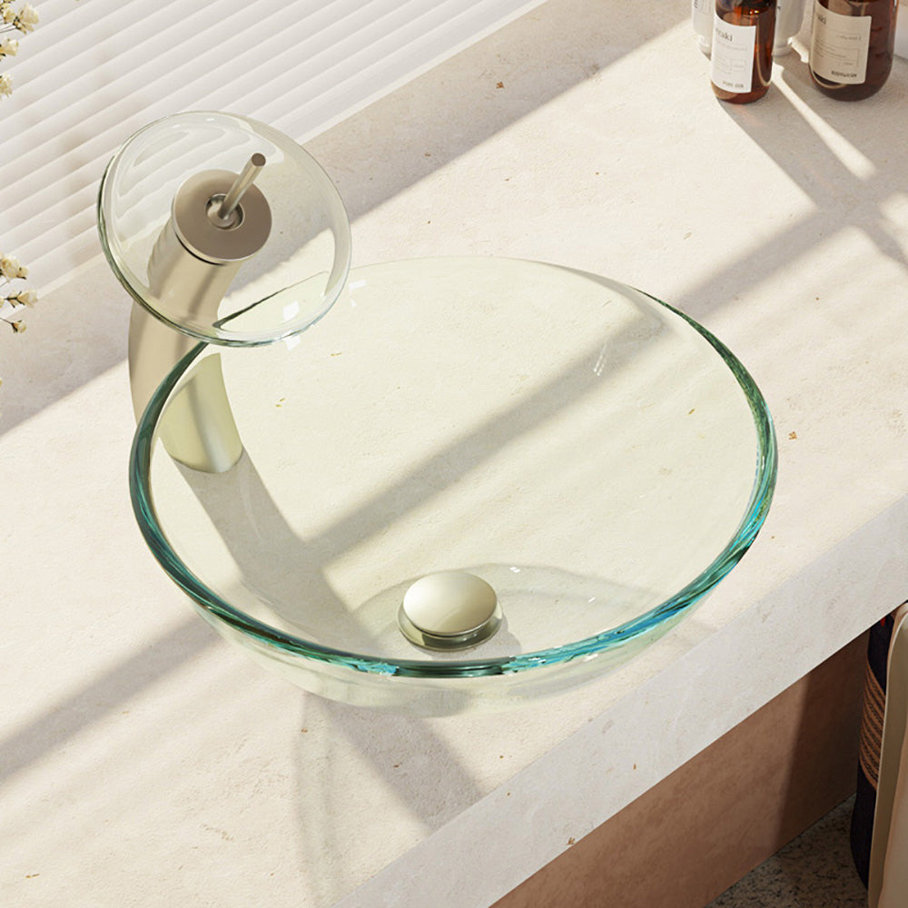 Rene 17" Round Glass Bathroom Sink, Crystal, with Faucet, R5-5001-CRY-WF-BN - The Sink Boutique
