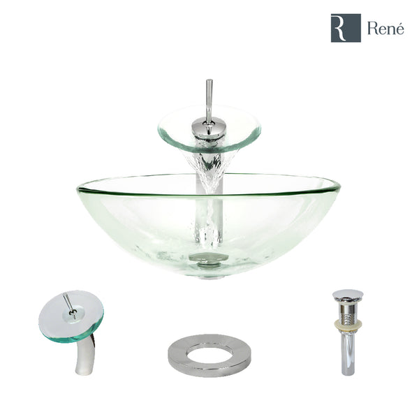 Rene 17" Round Glass Bathroom Sink, Crystal, with Faucet, R5-5001-CRY-WF-C