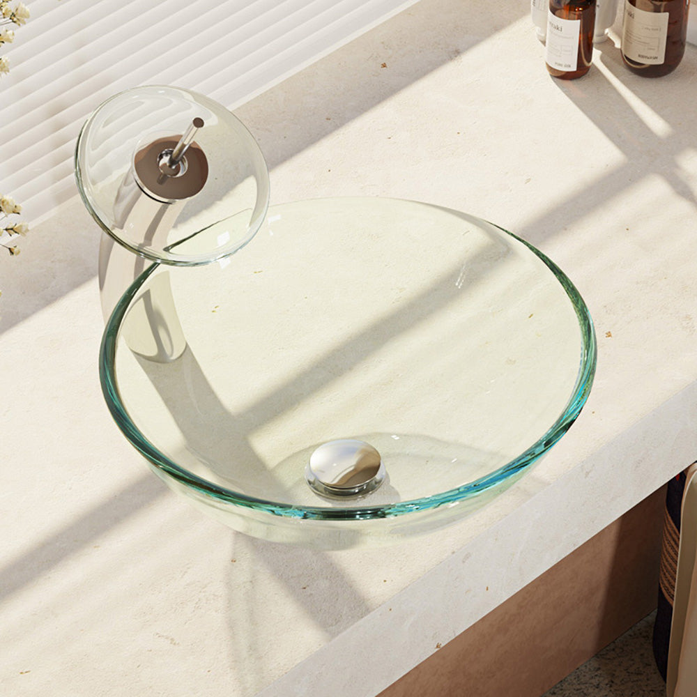 Rene 17" Round Glass Bathroom Sink, Crystal, with Faucet, R5-5001-CRY-WF-C - The Sink Boutique