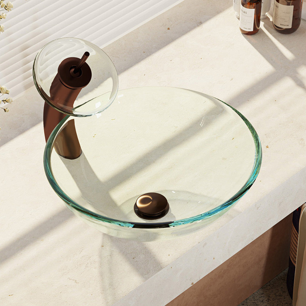 Rene 17" Round Glass Bathroom Sink, Crystal, with Faucet, R5-5001-CRY-WF-ORB - The Sink Boutique