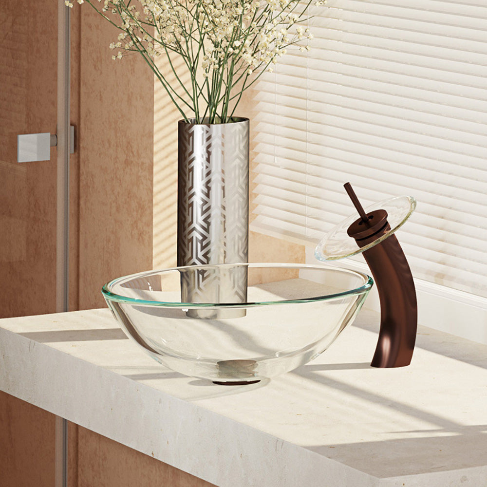 Rene 17" Round Glass Bathroom Sink, Crystal, with Faucet, R5-5001-CRY-WF-ORB - The Sink Boutique
