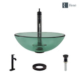 Rene 17" Round Glass Bathroom Sink, Ivy, with Faucet, R5-5001-IVY-R9-7001-ABR