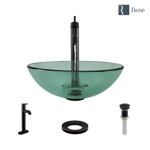 Rene 17" Round Glass Bathroom Sink, Ivy, with Faucet, R5-5001-IVY-R9-7001-ABR