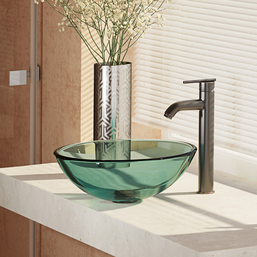 Rene 17" Round Glass Bathroom Sink, Ivy, with Faucet, R5-5001-IVY-R9-7001-ABR - The Sink Boutique