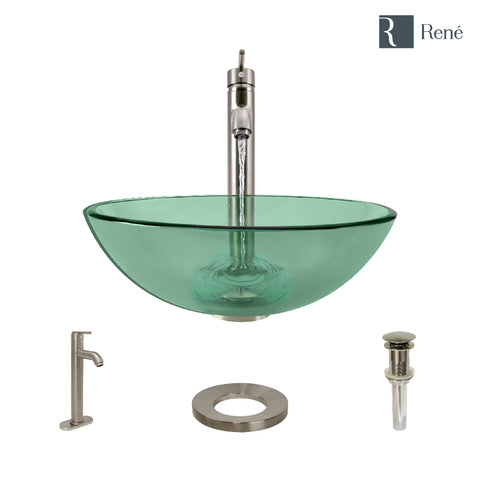Rene 17" Round Glass Bathroom Sink, Ivy, with Faucet, R5-5001-IVY-R9-7001-BN