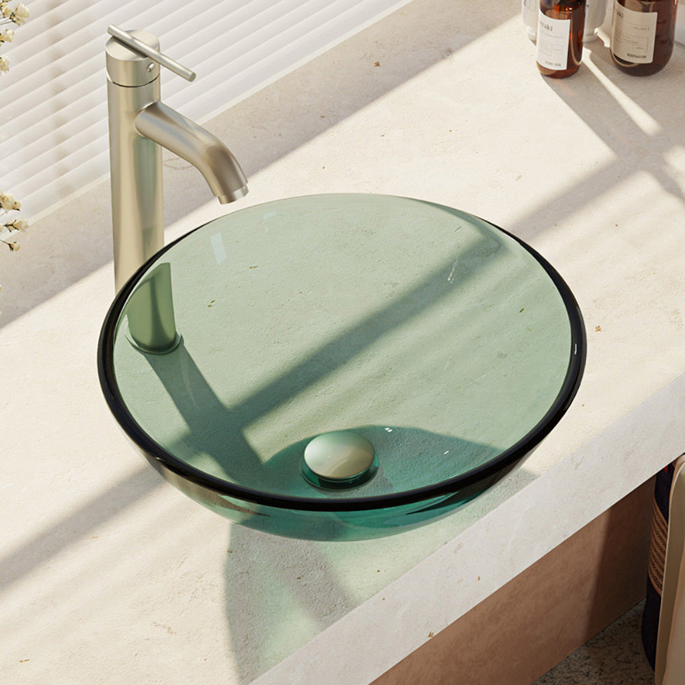 Rene 17" Round Glass Bathroom Sink, Ivy, with Faucet, R5-5001-IVY-R9-7001-BN - The Sink Boutique