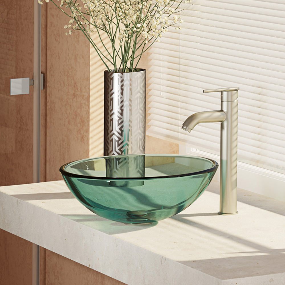 Rene 17" Round Glass Bathroom Sink, Ivy, with Faucet, R5-5001-IVY-R9-7001-BN - The Sink Boutique