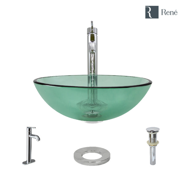 Rene 17" Round Glass Bathroom Sink, Ivy, with Faucet, R5-5001-IVY-R9-7001-C