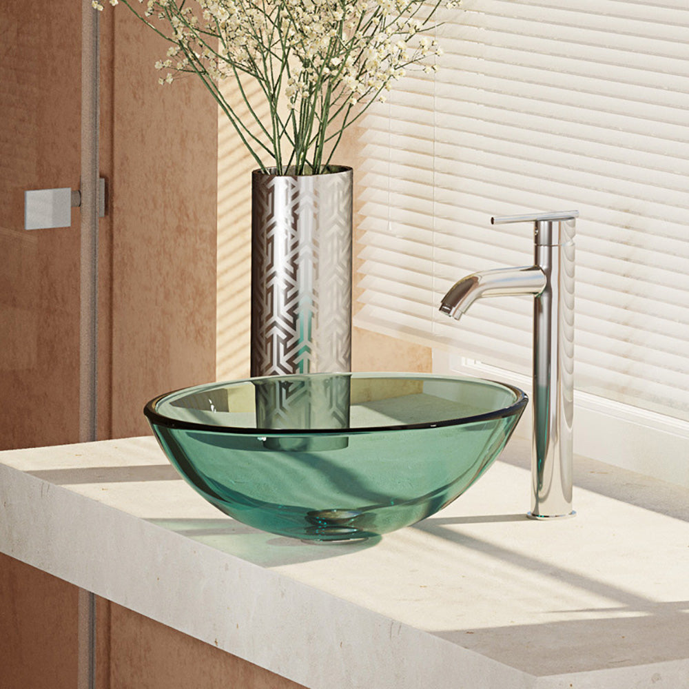 Rene 17" Round Glass Bathroom Sink, Ivy, with Faucet, R5-5001-IVY-R9-7001-C - The Sink Boutique