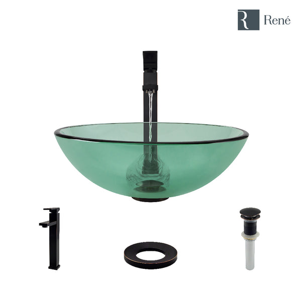 Rene 17" Round Glass Bathroom Sink, Ivy, with Faucet, R5-5001-IVY-R9-7003-ABR