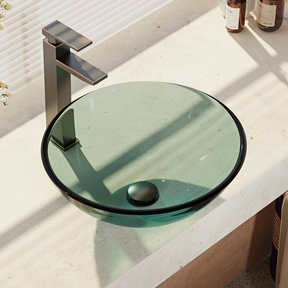 Rene 17" Round Glass Bathroom Sink, Ivy, with Faucet, R5-5001-IVY-R9-7003-ABR - The Sink Boutique