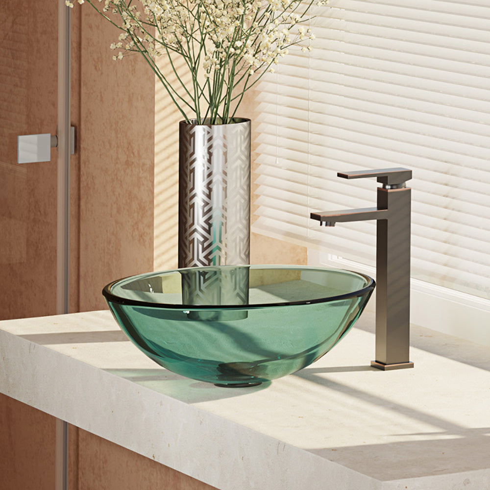 Rene 17" Round Glass Bathroom Sink, Ivy, with Faucet, R5-5001-IVY-R9-7003-ABR - The Sink Boutique