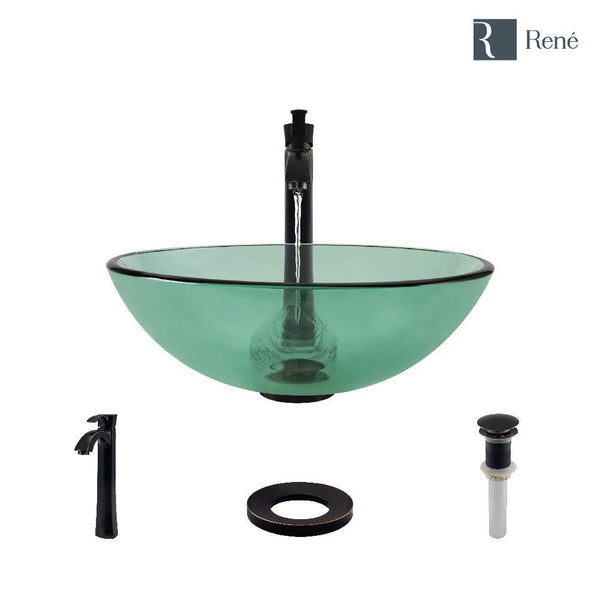 Rene 17" Round Glass Bathroom Sink, Ivy, with Faucet, R5-5001-IVY-R9-7006-ABR
